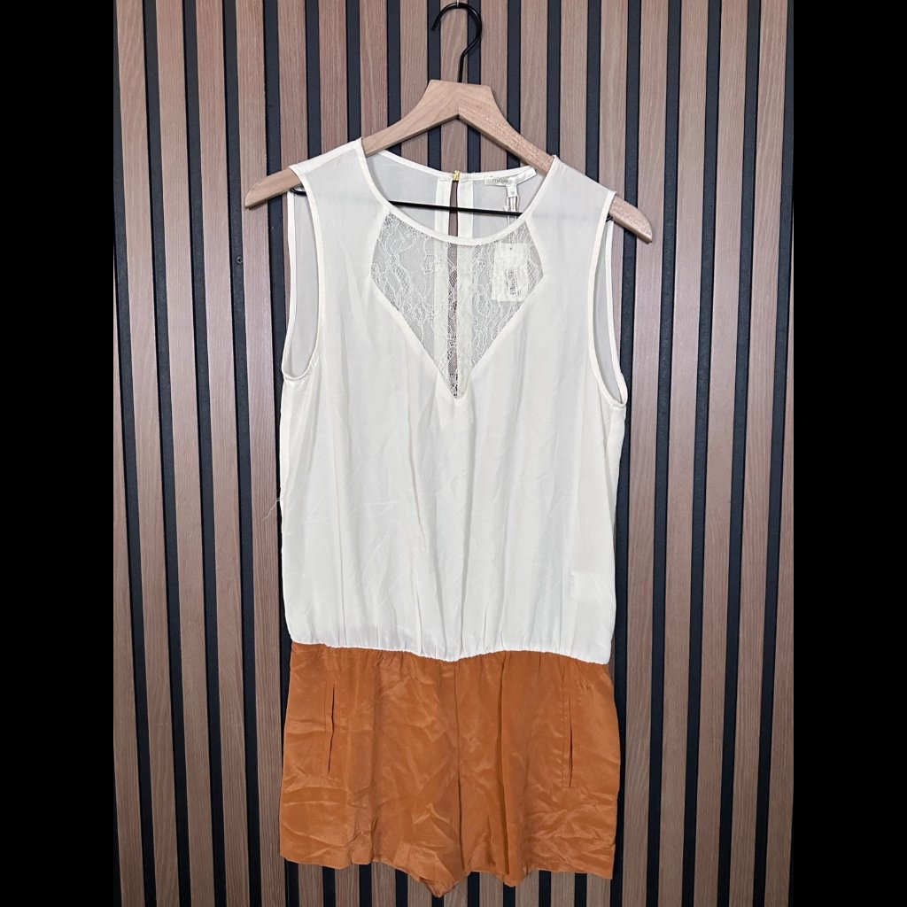 New Maje Romper 38 / Us M White Orange Blouson 100% Silk Lace Front One Piece